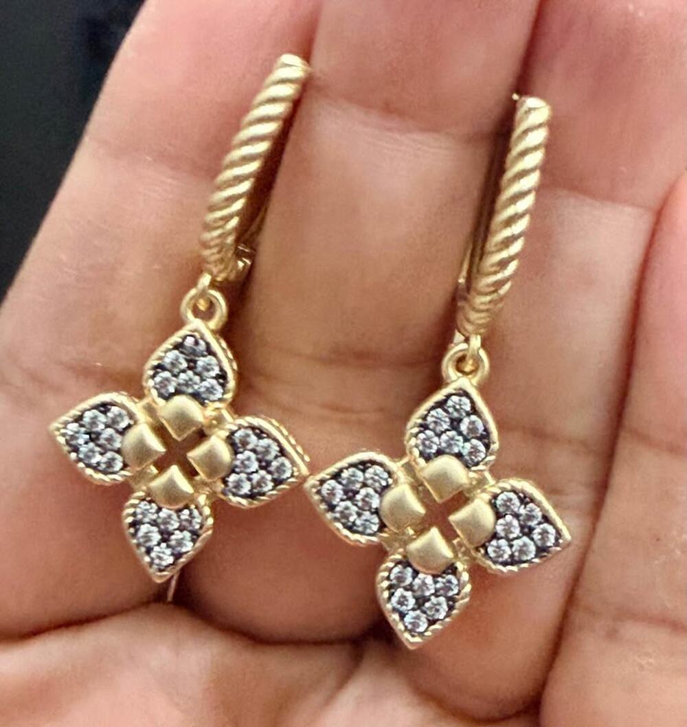 Cloverleaf diamond like Gold plated Hematite Pave Clover Drop Hoop earrings